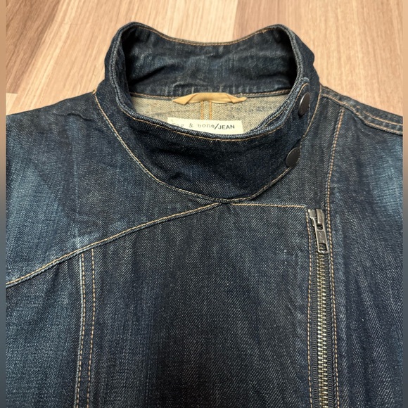 Rag & Bone Zip Front Leather Sleeve Moto Dark Denim Jean Jacket - Picture 4 of 10